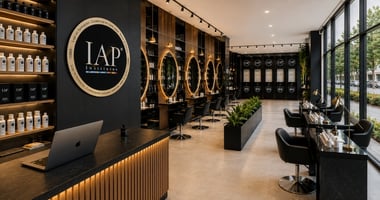 Salón de peluquería funcionando junto a un aula práctica organizada.